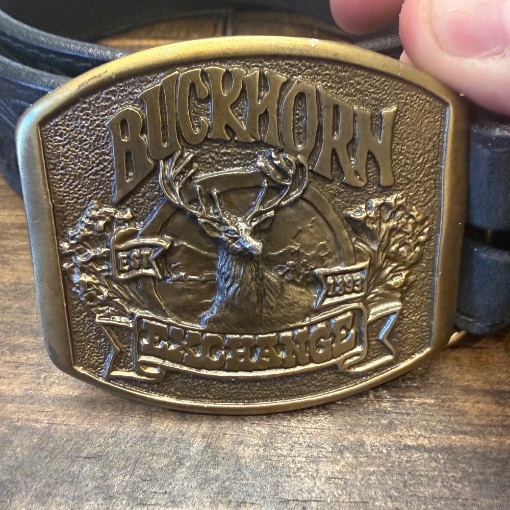 VTG Silver Creek Black Tooled Leather Belt Buckhorn Exchange Buckle Size 36 USA - Picture 3 of 7